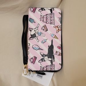 NWT Betsey Johnson French Bulldog Pink Stripe Zipper Wristlet Wallet
